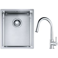 Set lavello in acciaio Franke Box 127.0453.653, rubinetto da cucina Franke Lina 115.0693.229