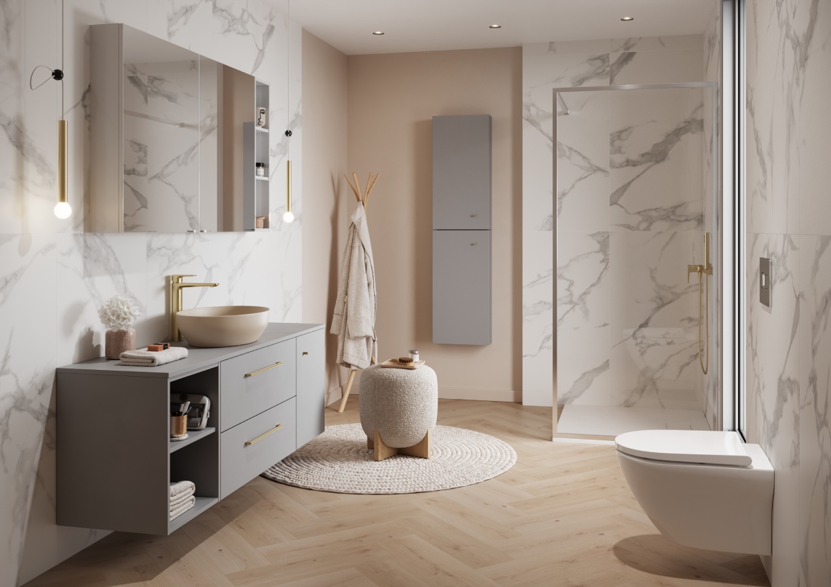 Colori pastello e marmo in bagno