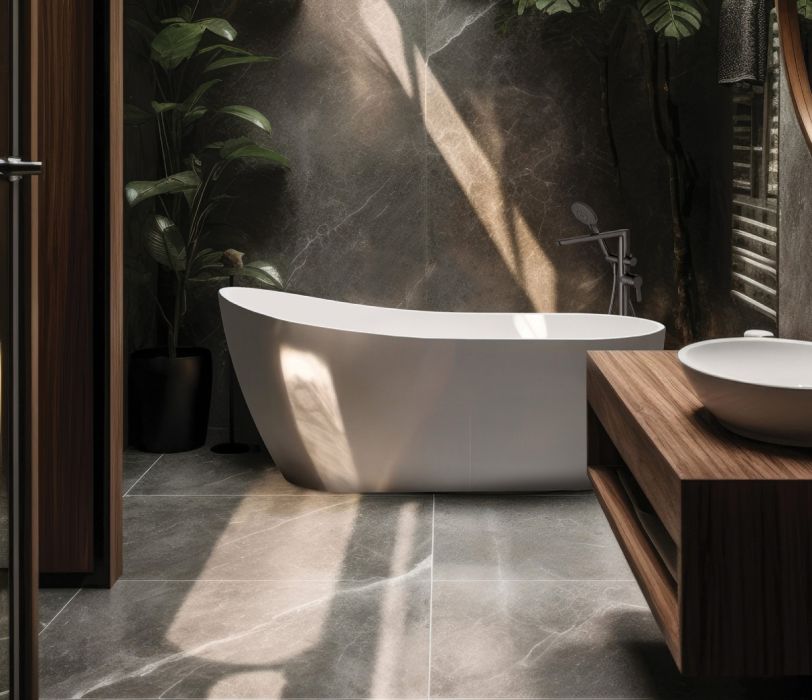 Bagno scuro con vasca freestanding